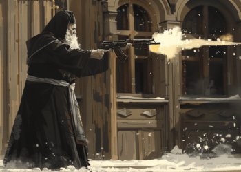 Un membre de l'Eglise Orthodoxe Russe avec une mitraillette