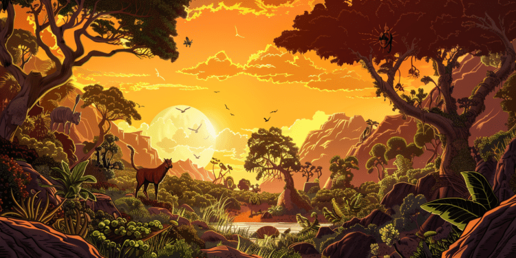 Animisme - illustration d'un paysage africain avec plantes, soleil, animaux et montagnes