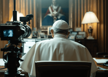 Le pape François vu de dos, à son bureau, face à une caméra IA