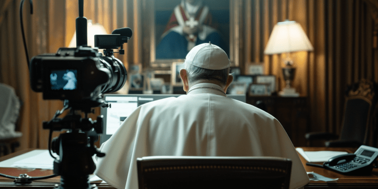Le pape François vu de dos, à son bureau, face à une caméra IA