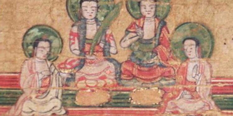 Peinture sur soie du XIIIe siècle : les 4 prophètes du Manichéisme (Mani, Zoroastre, Bouddha et Jésus).