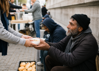 Una voluntaria entrega un plato de comida a un hombre en situación de calle durante una jornada solidaria.