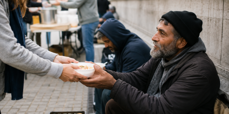 Una voluntaria entrega un plato de comida a un hombre en situación de calle durante una jornada solidaria.