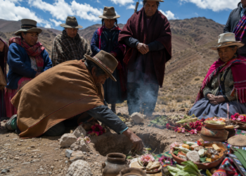 Comunidad andina reunida alrededor de una abertura en la tierra para depositar alimentos y flores durante una ceremonia a la Pachamama.