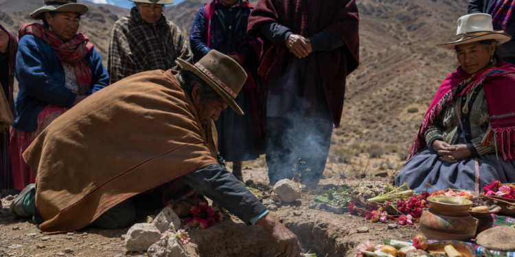 Comunidad andina reunida alrededor de una abertura en la tierra para depositar alimentos y flores durante una ceremonia a la Pachamama.