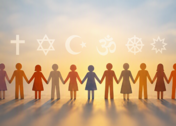 Ilustración conceptual de personas unidas que representan la convivencia entre diferentes tradiciones religiosas durante la Semana de los Templos en San Luis, Argentina.