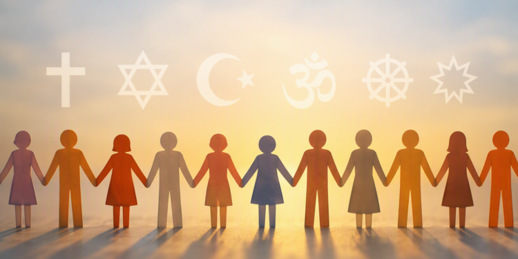 Ilustración conceptual de personas unidas que representan la convivencia entre diferentes tradiciones religiosas durante la Semana de los Templos en San Luis, Argentina.