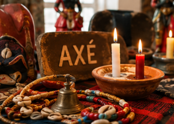 Altar simbólico de una religión de matriz africana con velas, cuentas, caracoles y objetos rituales.