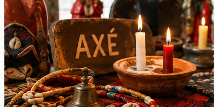 Altar simbólico de una religión de matriz africana con velas, cuentas, caracoles y objetos rituales.