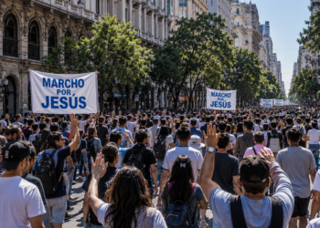 Multitud participante de Marcho por Jesús recorriendo una avenida del centro de Buenos Aires en agosto de 2026.