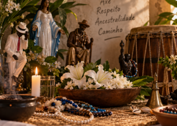 Representación artística inspirada en un altar de Umbanda y religiones afrobrasileñas, con flores, cuentas, velas y elementos rituales.
