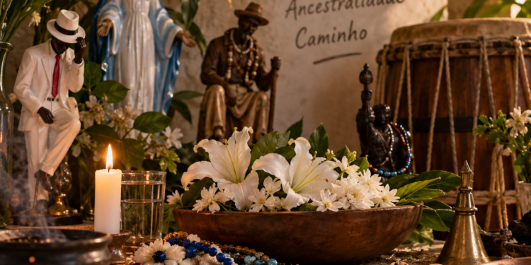 Representación artística inspirada en un altar de Umbanda y religiones afrobrasileñas, con flores, cuentas, velas y elementos rituales.